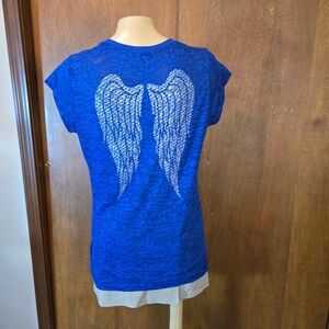 Guess Womens  T-Shirt Blue XL Burnout Good Angel Wings Silver Glitter V-Neck